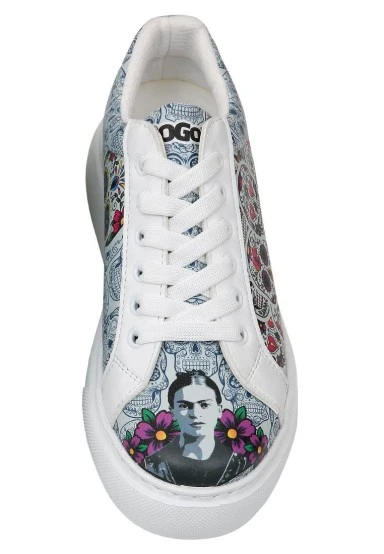 Femme Cuir Vegan Blanc Baskets - Remembrance Of Frida Kahlo Motif - 