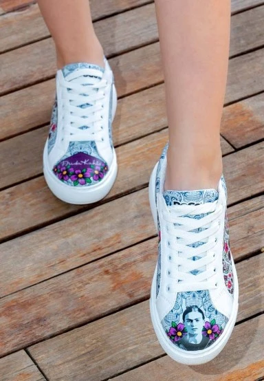 Femme Cuir Vegan Blanc Baskets - Remembrance Of Frida Kahlo Motif - 