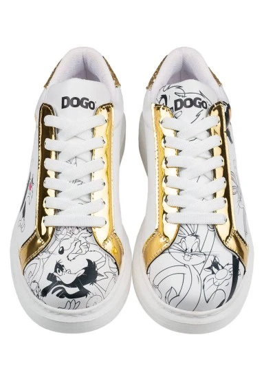 Femme Cuir Vegan Blanc Baskets - Warner Bros Bugs Bunny Looney Tunes Chasing Tunes Motif - 