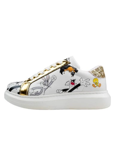 Femme Cuir Vegan Blanc Baskets - Warner Bros Bugs Bunny Looney Tunes Chasing Tunes Motif - 