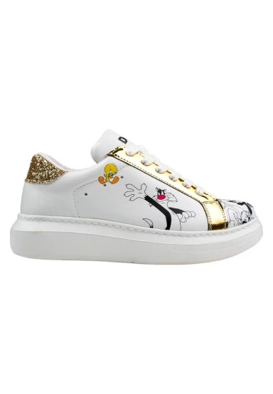 Femme Cuir Vegan Blanc Baskets - Warner Bros Bugs Bunny Looney Tunes Chasing Tunes Motif - 