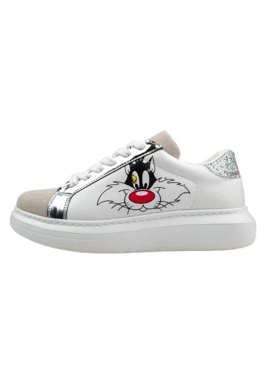Femme Cuir Vegan Blanc Baskets - Warner Bros Tweety Sylvester Puddy Tat Motif - 