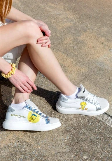 Femme Cuir Vegan Blanc Baskets - Warner Bros Tweety Sylvester Puddy Tat Motif - 