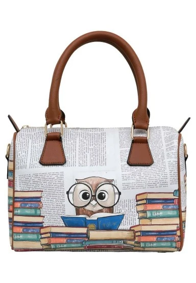 Femme Cuir Vegan Blanc Sac à Main - The Wise Owl Motif - 