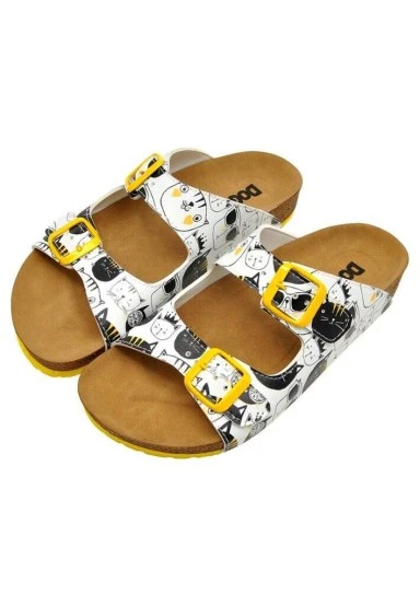 Femme Cuir Vegan Blanc Sandales - Monochrome Cats Motif - 