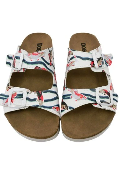 Femme Cuir Vegan Blanc Sandales - Koi World Motif - 