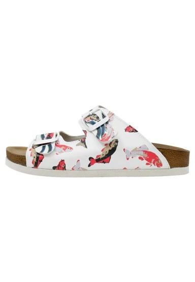 Femme Cuir Vegan Blanc Sandales - Koi World Motif - 