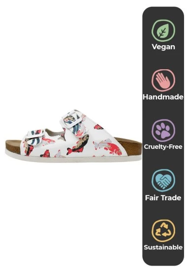 Femme Cuir Vegan Blanc Sandales - Koi World Motif - 