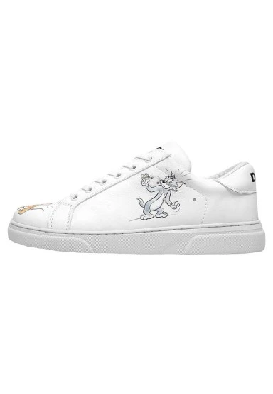 Femme Cuir Vegan Blanc Baskets - Warner Bros Tom et Jerry Up to No Good Motif - 