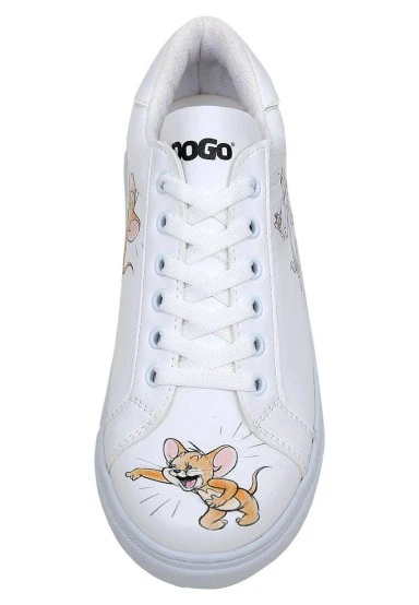 Femme Cuir Vegan Blanc Baskets - Warner Bros Tom et Jerry Up to No Good Motif - 