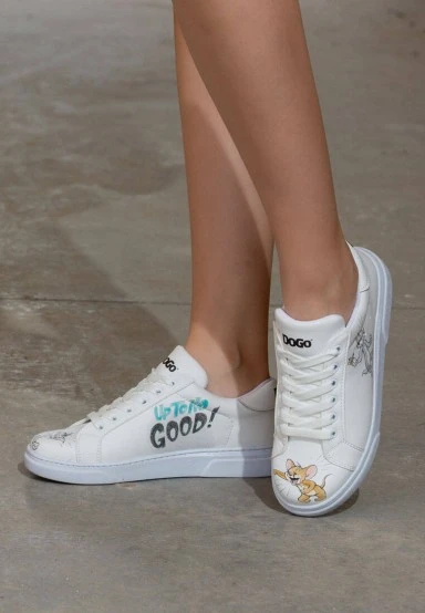 Femme Cuir Vegan Blanc Baskets - Warner Bros Tom et Jerry Up to No Good Motif - 