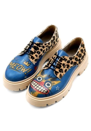 Femme Cuir Vegan Bleu Baskets - Meow Attack Motif - 