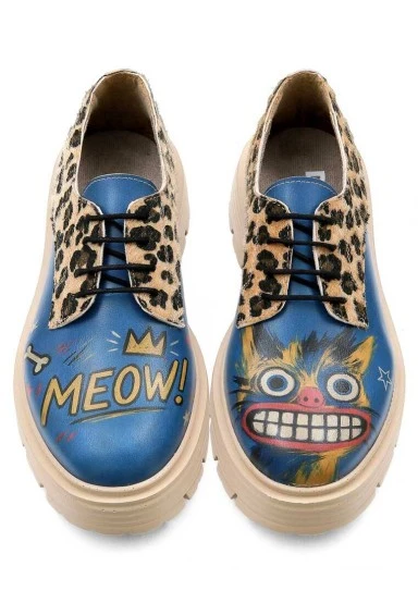 Femme Cuir Vegan Bleu Baskets - Meow Attack Motif - 