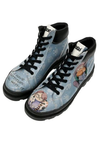 Femme Cuir Vegan Bleu Bottes - I Have Cattitude Motif - 