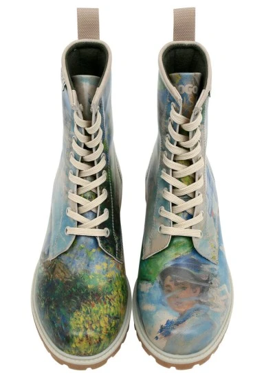 Femme Cuir Vegan Bleu Bottes Longues - Claude Monet Woman With a Parasol Muse Motif - 