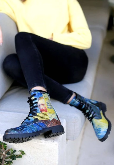 Femme Cuir Vegan Bleu Bottes Longues - Vincent van Gogh The Starry Night Collage Muse Motif - 