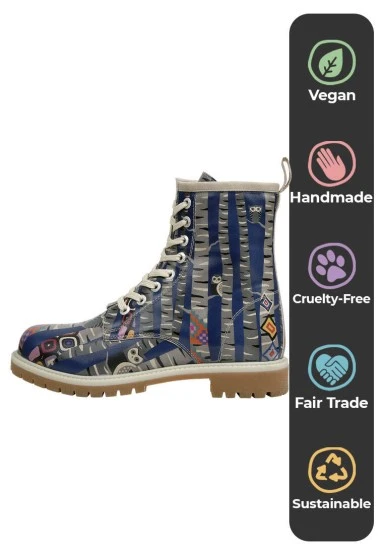 Femme Cuir Vegan Bleu Bottes Longues - Owl Gang Motif - 