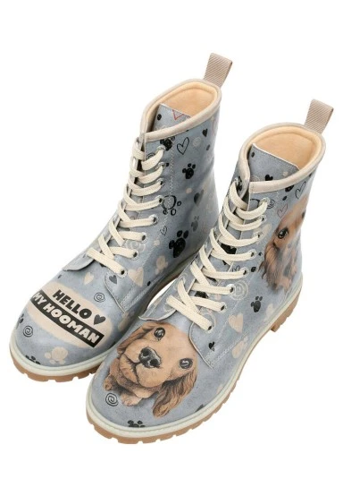 Femme Cuir Vegan Bleu Bottes Longues - Hello My Hooman Motif - 