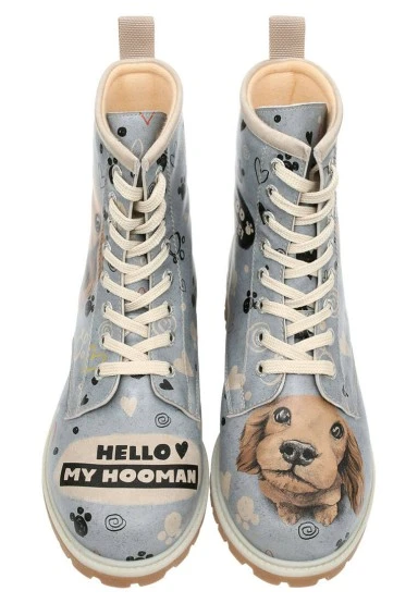 Femme Cuir Vegan Bleu Bottes Longues - Hello My Hooman Motif - 