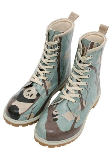 Femme Cuir Vegan Bleu Bottes Longues - Panda Hug Motif - 