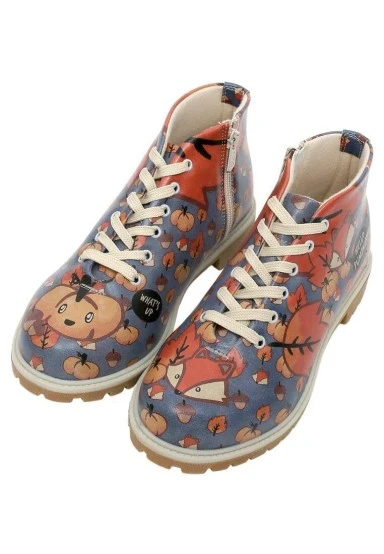 Femme Cuir Vegan Bleu Bottines - Hello Pumpkin Motif - 