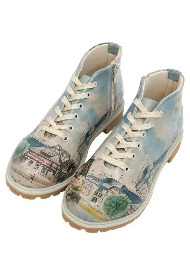 Femme Cuir Vegan Bleu Bottines - Travel Fills The Soul Motif - 