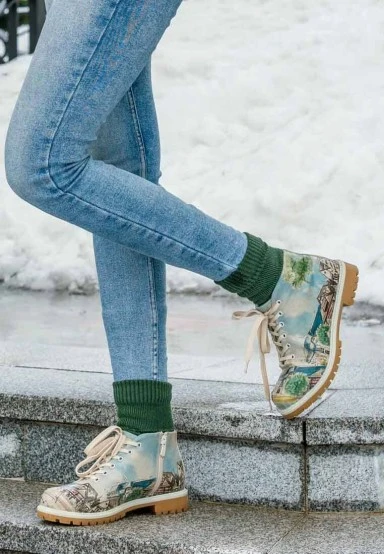 Femme Cuir Vegan Bleu Bottines - Travel Fills The Soul Motif - 