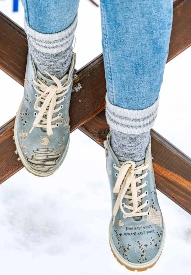Femme Cuir Vegan Bleu Bottines - Birds Have Wings Motif - 