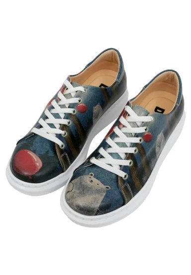 Femme Cuir Vegan Bleu Foncé Baskets - Bear With A Balloon Motif - 