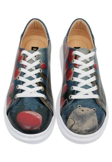 Femme Cuir Vegan Bleu Foncé Baskets - Bear With A Balloon Motif - 