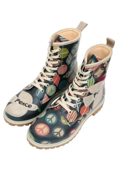 Femme Cuir Vegan Bleu Foncé Bottes Longues - Peace Motif - 