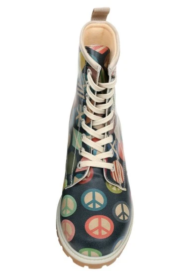 Femme Cuir Vegan Bleu Foncé Bottes Longues - Peace Motif - 