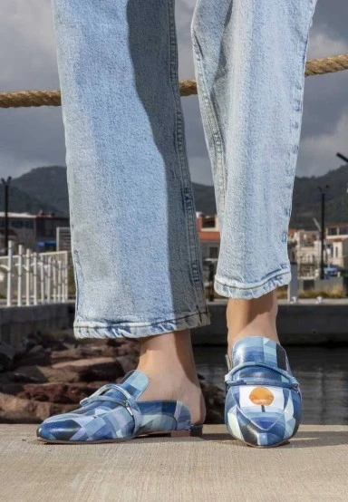Femme Cuir Vegan Bleu Foncé Chaussons - Be Different Motif - 