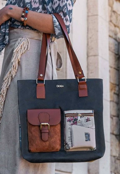 Femme Cuir Vegan Bleu Foncé Sac d'épaule - Paperflower Motif - 