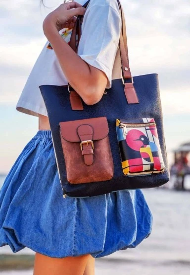 Femme Cuir Vegan Bleu Fonce Sac d'épaule - Bauhaus Birdie Motif - 