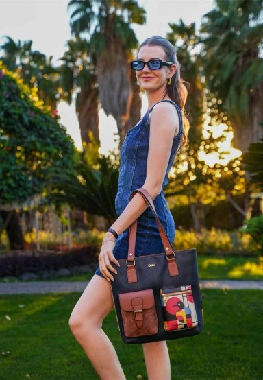 Femme Cuir Vegan Bleu Fonce Sac d'épaule - Bauhaus Birdie Motif - 