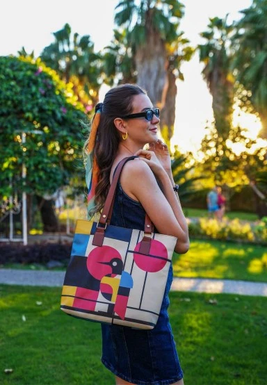 Femme Cuir Vegan Bleu Fonce Sac d'épaule - Bauhaus Birdie Motif - 