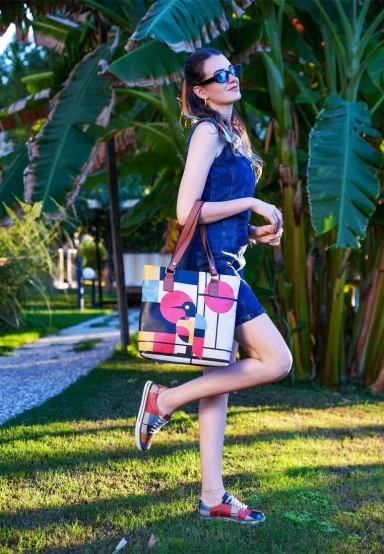 Femme Cuir Vegan Bleu Fonce Sac d'épaule - Bauhaus Birdie Motif - 
