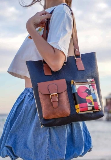 Femme Cuir Vegan Bleu Fonce Sac d'épaule - Bauhaus Birdie Motif - 