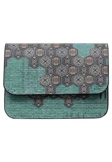 Femme Cuir Vegan Bleu Sac à Main - Ethnic Faience Motif - 