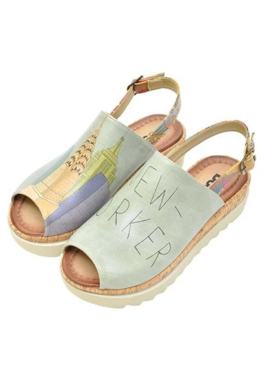 Femme Cuir Vegan Bleu Sandales compensées - Manhattan Motif - 