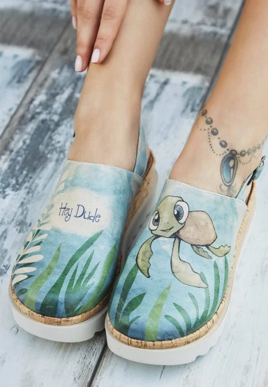 Femme Cuir Vegan Bleu Sandales Compensées - Caretta-Hey Dude Motif - 