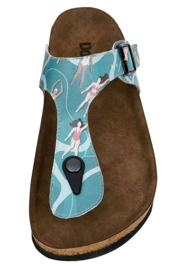 Femme Cuir Vegan Bleu Sandales - Let's Swim Motif - 