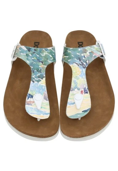 Femme Cuir Vegan Bleu Sandales - Somewhere in Time Motif - 