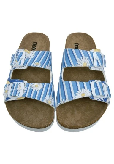 Femme Cuir Vegan Bleu Sandales - Daisy Stripes Motif - 