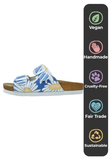 Femme Cuir Vegan Bleu Sandales - Daisy Stripes Motif - 