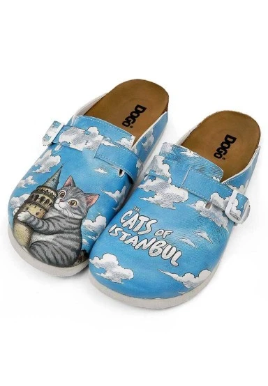 Femme Cuir Vegan Bleu Sandales - Galata Cat Motif - 