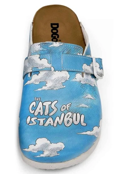 Femme Cuir Vegan Bleu Sandales - Galata Cat Motif - 
