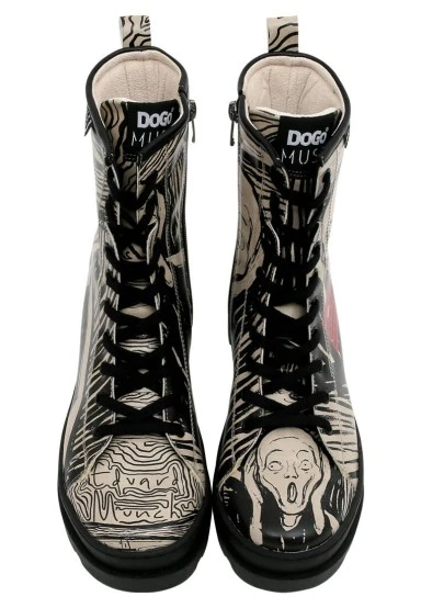 Femme Cuir Vegan Noir Bottes longues à glissière - Edvard Munch The Scream Muse Motif - 