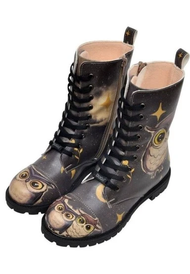 Femme Cuir Vegan Noir Bottes Longues à Glissière - Owls Family Motif - 